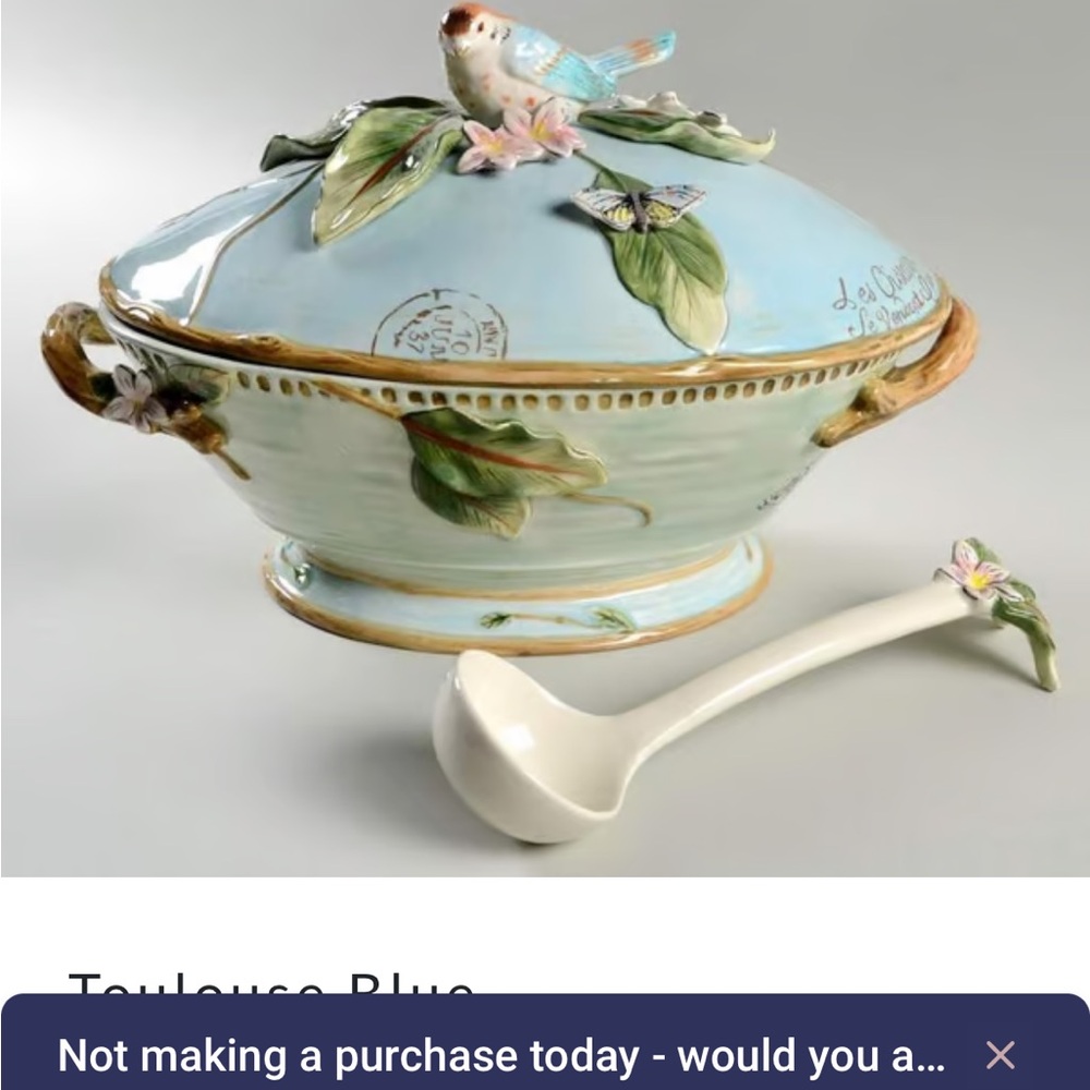 Fitz and Floyd Toulouse Soup Tureen with Ladle, 3.5 Quart, Blue